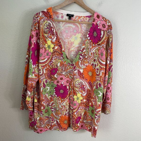Talbots Woman Plus 2X Paisley Floral V Neck Button Up Cardigan Sweater Knit Top - Picture 7 of 9